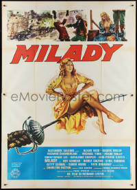 2p0349 FOUR MUSKETEERS Italian 2p 1976 different art of sexy Raquel Welch on giant sword, Milady!