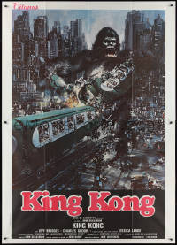 2p0355 KING KONG Italian 2p 1976 different art of BIG Ape destroying train by John Berkey!