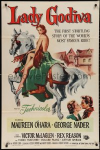 2p0852 LADY GODIVA 1sh 1955 great artwork of super sexy naked Maureen O'Hara on horseback!