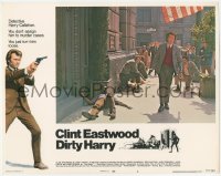 2p1244 DIRTY HARRY int'l LC #8 1971 Clint Eastwood walking on street with pistol & shotgun, Don Siegel!