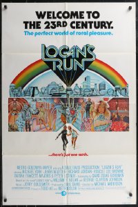 2p0865 LOGAN'S RUN 1sh 1976 art of Michael York & Jenny Agutter running away by Charles Moll!