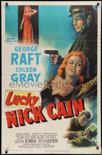 2p0873 LUCKY NICK CAIN 1sh 1951 great noir art of George Raft with gun & sexy Coleen Gray!