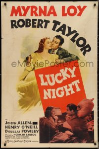 2p0874 LUCKY NIGHT style D 1sh 1939 art of Myrna Loy & Robert Taylor and in pillow fight, ultra rare!