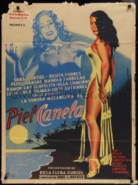 2p0606 PIEL CANELA export Mexican poster 1953 Juanino art of sexy tropical Sara Montiel by the ocean