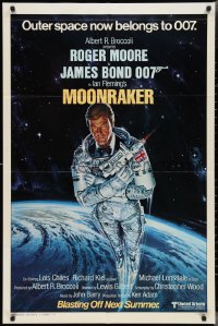 2p0898 MOONRAKER style A advance 1sh 1979 art of Roger Moore as Bond blasting off in space by Goozee!