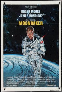 2p0896 MOONRAKER style A int'l teaser 1sh 1979 art of Roger Moore as Bond in space by Goozee!