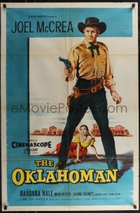 2p0916 OKLAHOMAN 1sh 1957 art of cowboy Joel McCrea holding Native American Gloria Talbot!