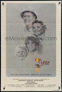 2p0919 ON GOLDEN POND 1sh 1981 art of Hepburn, Henry Fonda, and Jane Fonda by C.D. de Mar