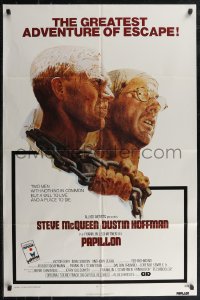 2p0926 PAPILLON 1sh 1973 prisoners Steve McQueen & Dustin Hoffman by Tom Jung, Allied Artists!