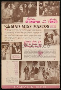 2p0187 MAD MISS MANTON pressbook 1938 rich Barbara Stanwyck & society friends solve a murder, rare!