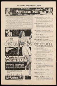 2p0205 PROFESSIONAL SWEETHEART pressbook 1933 Ginger Rogers, Norman Foster, Zasu Pitts, ultra rare!