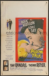 2p0092 PILLOW TALK WC 1959 bachelor Rock Hudson loves pretty career girl Doris Day, great kiss c/u!