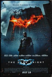 2r0894 DARK KNIGHT int'l advance DS 1sh 2008 Christian Bale as Batman in front of burning bat symbol!