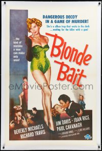 2s0950 BLONDE BAIT linen 1sh R1950s sexy smoking bad girl Beverly Michaels is a silken trap!