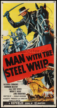 2t0723 MAN WITH THE STEEL WHIP 3sh 1954 serial, cool art of masked hero on horse lashing his whip!