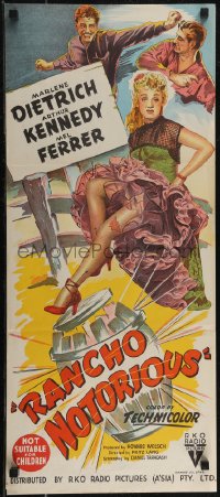 2t0662 RANCHO NOTORIOUS Aust daybill 1952 Fritz Lang, hand litho of Marlene Dietrich showing leg!