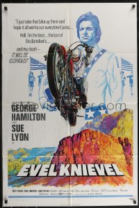 2t1044 EVEL KNIEVEL 1sh 1971 George Hamilton is THE daredevil, great art of motorcycle jump!