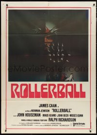 2t0127 ROLLERBALL Italian 1p R1970s James Caan in a future where war does not exist, Bob Peak art!