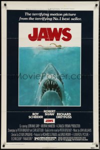 2t1091 JAWS 1sh 1975 Roger Kastel art of Spielberg's man-eating shark attacking sexy swimmer!