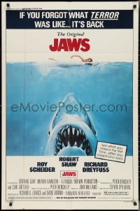 2t1092 JAWS 1sh R1979 Kastel art of Spielberg's man-eating shark attacking sexy swimmer!