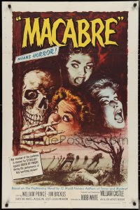 2t1106 MACABRE 1sh 1958 William Castle, Besser art of skeleton & screaming girls in graveyard!