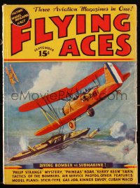 2t0891 FLYING ACES magazine September 1936 art of diving bomber vs submarine by Leo Morey!