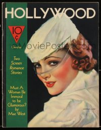 2t0894 HOLLYWOOD magazine October 1933 wonderful cover artwork of glamorous Myrna Loy in fur!