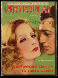 2t0930 PHOTOPLAY magazine January 1932, art of sexy Greta Garbo & Clark Gable by Earl Christy!