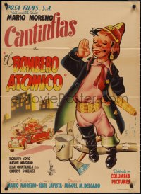 2t0620 EL BOMBERO ATOMICO Mexican poster 1952 Ocampo cartoon art of firefighter Cantinflas!