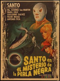 2t0623 EL MISTERIO DE LA PERLA NEGRA Mexican poster 1976 Santo the masked wrestler, ultra rare!