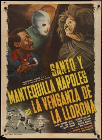 2t0627 LA VENGANZA DE LA LLORONA Mexican poster 1974 art of masked Mexican wrestler Santo & zombie!