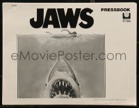 2t0573 JAWS pressbook 1975 art of Steven Spielberg's classic man-eating shark attacking swimmer!