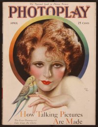 2t0925 PHOTOPLAY magazine April 1929 art of sexy Clara Bow with parakeets by Charles Sheldon!