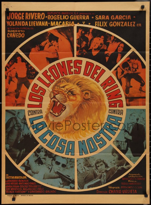 : 2t0629 LOS LEONES DEL RING CONTRA LA COSA NOSTRA Mexican  poster 1977 wrestlers, lion, ultra rare!