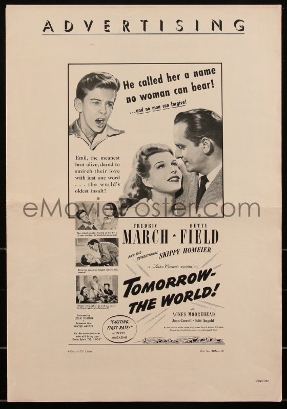 eMoviePoster.com: 2t0417 TOMORROW THE WORLD pressbook 1944 Fredric ...