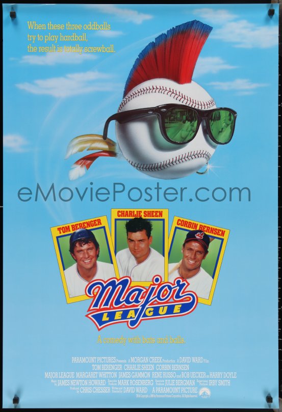 eMoviePoster.com: 2w1025 MAJOR LEAGUE int'l 1sh 1989 Charlie Sheen, Tom  Berenger, wacky art of baseball with mohawk!