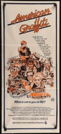 2y0464 AMERICAN GRAFFITI Aust daybill 1974 George Lucas, wacky Mort Drucker far away art of cast!