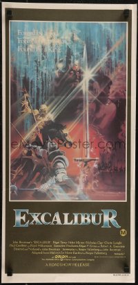 2y0476 EXCALIBUR Aust daybill 1981 John Boorman, cool medieval fantasy sword artwork by Bob Peak!