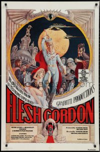 2y0727 FLESH GORDON 1sh 1974 sexy sci-fi spoof, wacky erotic super hero art by George Barr!