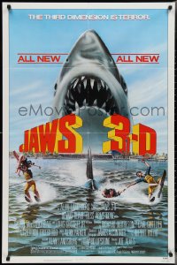 2y0775 JAWS 3-D 1sh 1983 Dennis Quaid, great Gary Meyer shark art, the third dimension is terror!