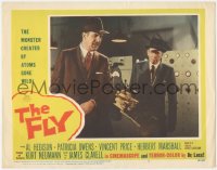 2y1153 FLY LC #7 1958 Vincent Price & Herbert Marshall confused by giant press in laboratory!