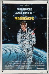 2y0816 MOONRAKER style A int'l teaser 1sh 1979 art of Roger Moore as Bond in space by Goozee!