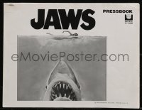 2y0346 JAWS pressbook 1975 art of Steven Spielberg's classic man-eating shark attacking swimmer!