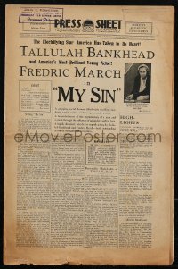 2y0194 MY SIN pressbook 1931 Tallulah Bankhead, America's brilliant young Fredric March, ultra rare!