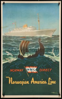 2z0147 NORWEGIAN AMERICA LINE 25x40 Norwegian travel poster 1948 Viking ship and the MS Oslofjord!