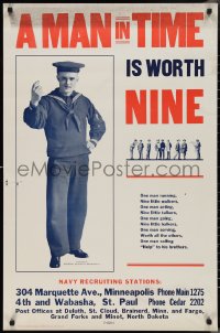 2z0157 MAN IN TIME IS WORTH NINE 25x38 WWI war poster 1917 man in Navy uniform, figures in civilian dress!