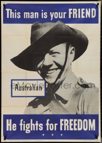 2z0189 THIS MAN IS YOUR FRIEND 28x40 WWII war poster 1942 Australian soldier fights for freedom!