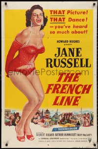 3b0296 FRENCH LINE 2D 1sh 1954 Howard Hughes, art of sexy Jane Russell in skimpy outfit!