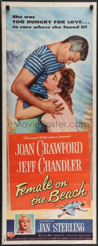 3b1148 FEMALE ON THE BEACH insert 1955 art of Joan Crawford and Jeff Chandler embracing!