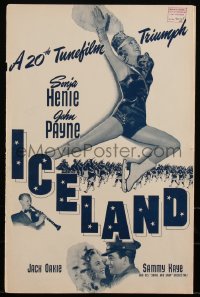 3b0102 ICELAND pressbook 1942 ice skating Sonja Henie, John Payne & Sammy Kaye with clarinet, rare!